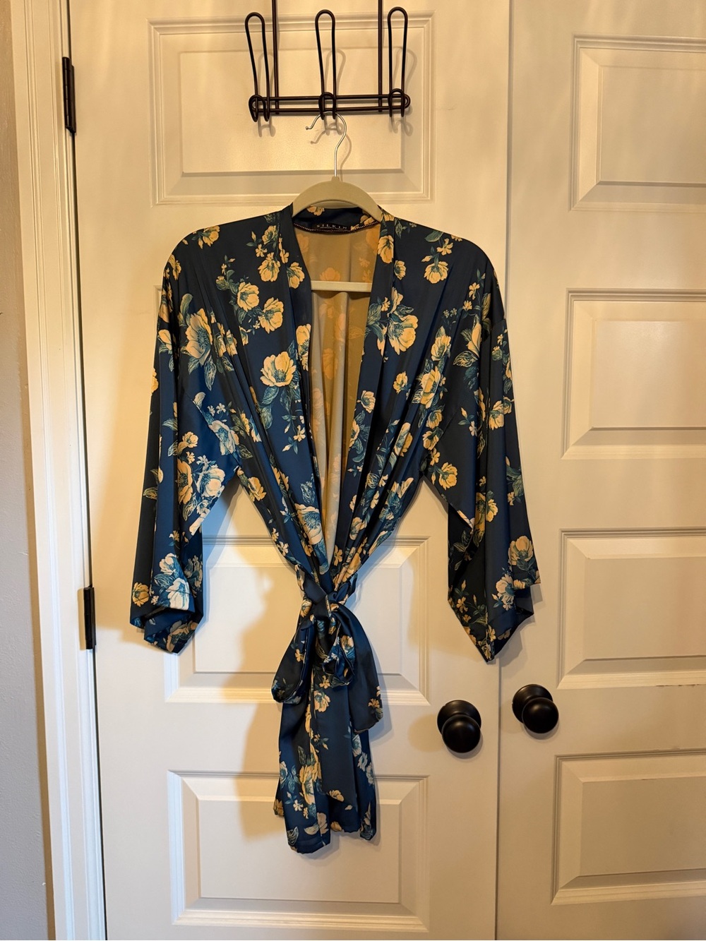 Floral Satin Tie-Front Robe - Navy and Yellow